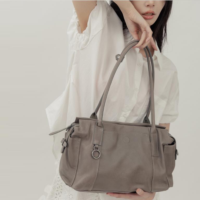 supportingrole 簡約線條多分層口袋真皮手提肩背包 灰