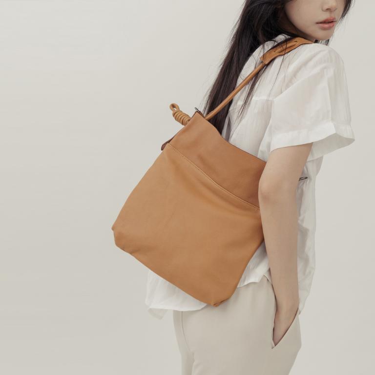 supportingrole 綁結設計廓型結構真皮手提肩斜背3用托特包 焦糖咖啡