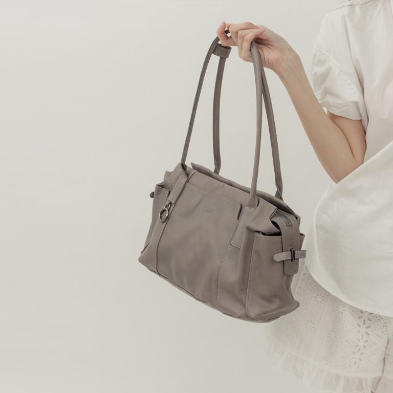 supportingrole 簡約線條多分層口袋真皮手提肩背包 灰