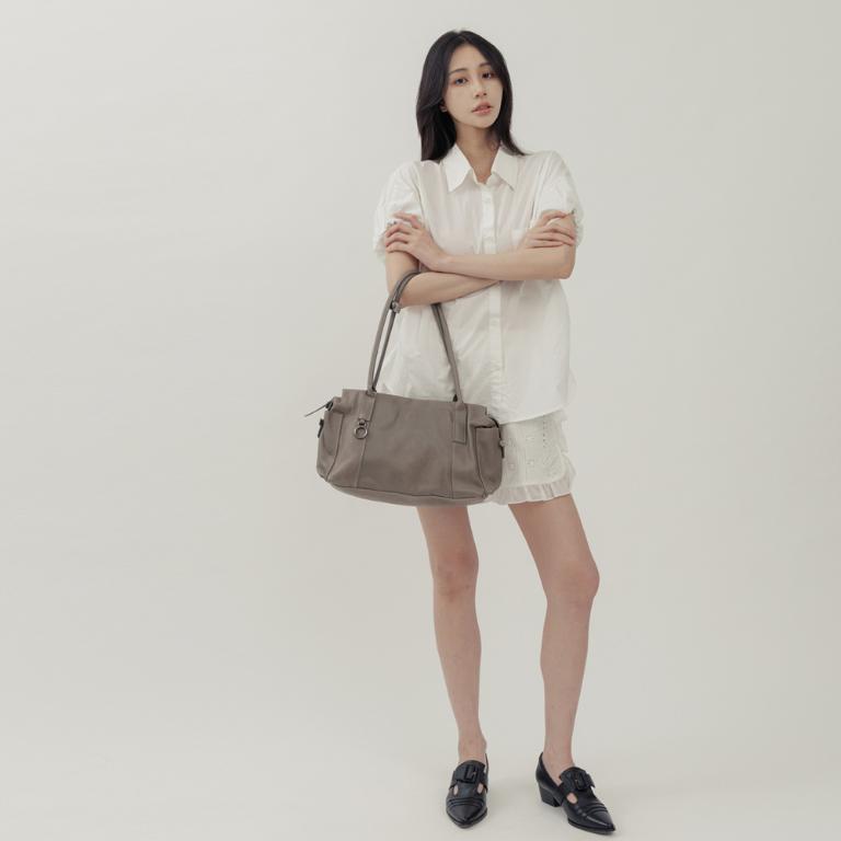 supportingrole 簡約線條多分層口袋真皮手提肩背包 灰