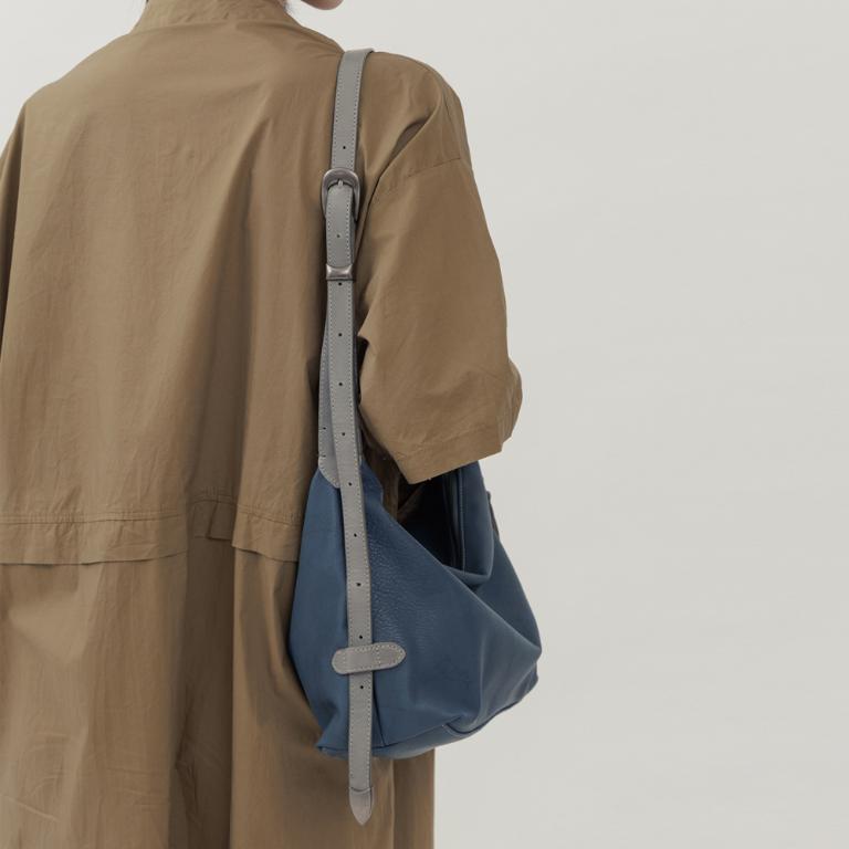 supportingrole 立體收摺簡約真皮手提斜肩背包 藍灰