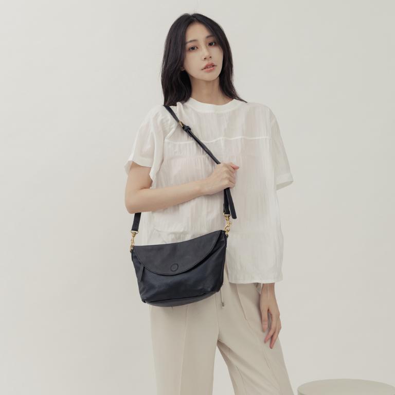 supportingrole 法式慵懶垂墜時髦真皮手提肩斜背3用包 黑