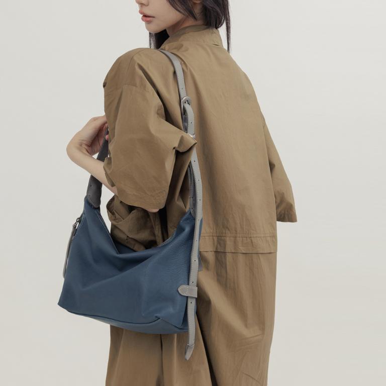 supportingrole 立體收摺簡約真皮手提斜肩背包 藍灰