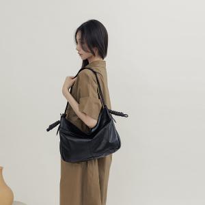 supportingrole 綁結設計寬廓型結構真皮手提肩斜背3用托特包 黑
