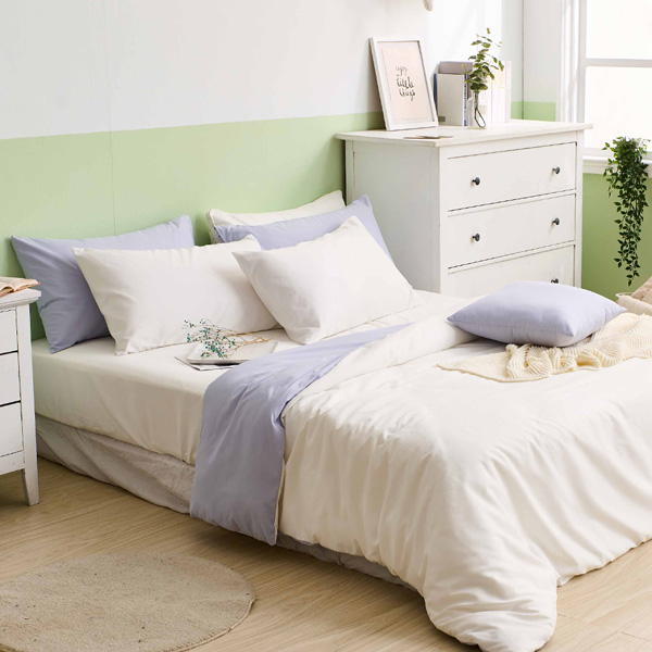 【DUYAN 竹漾】舒柔棉單人床包被套三件組 / 優雅白床包＋白紫被套 台灣製