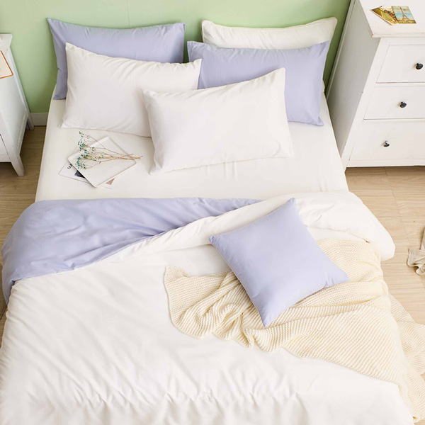 【DUYAN 竹漾】舒柔棉單人床包被套三件組 / 優雅白床包＋白紫被套 台灣製