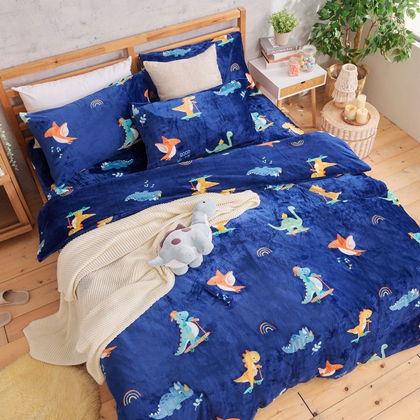 【DUYAN 竹漾】法蘭絨雙人四件式床包兩用毯被組 / 恐龍小嗶