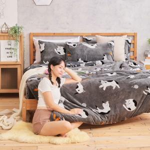 【DUYAN 竹漾】法蘭絨雙人加大四件式床包兩用毯被組 / 米魯可喵