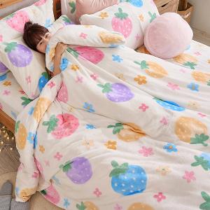 【DUYAN 竹漾】法蘭絨雙人四件式床包兩用毯被組 / 草莓乳酪