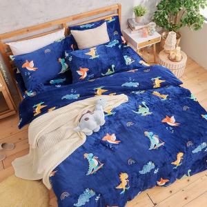 【DUYAN 竹漾】法蘭絨雙人四件式床包兩用毯被組 / 恐龍小嗶