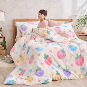 【DUYAN 竹漾】法蘭絨雙人四件式床包兩用毯被組 / 草莓乳酪