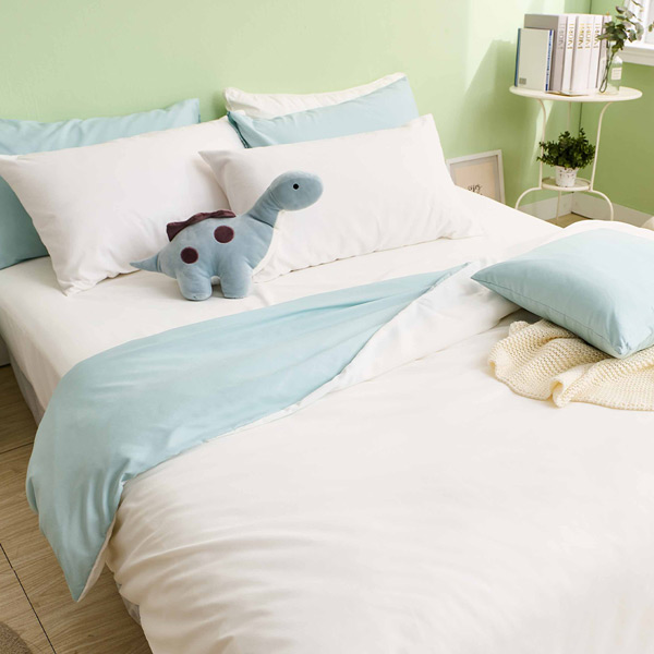 【DUYAN 竹漾】舒柔棉單人床包被套三件組 / 優雅白床包＋白綠被套 台灣製