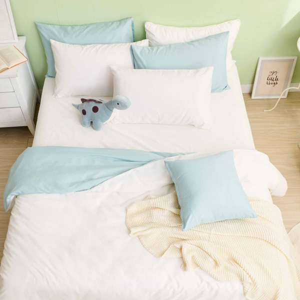 【DUYAN 竹漾】舒柔棉單人床包被套三件組 / 優雅白床包＋白綠被套 台灣製