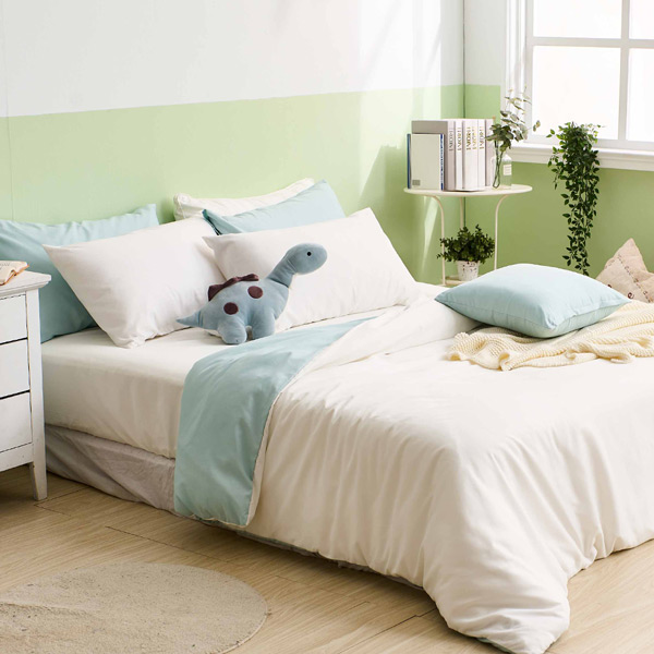【DUYAN 竹漾】舒柔棉單人床包被套三件組 / 優雅白床包＋白綠被套 台灣製