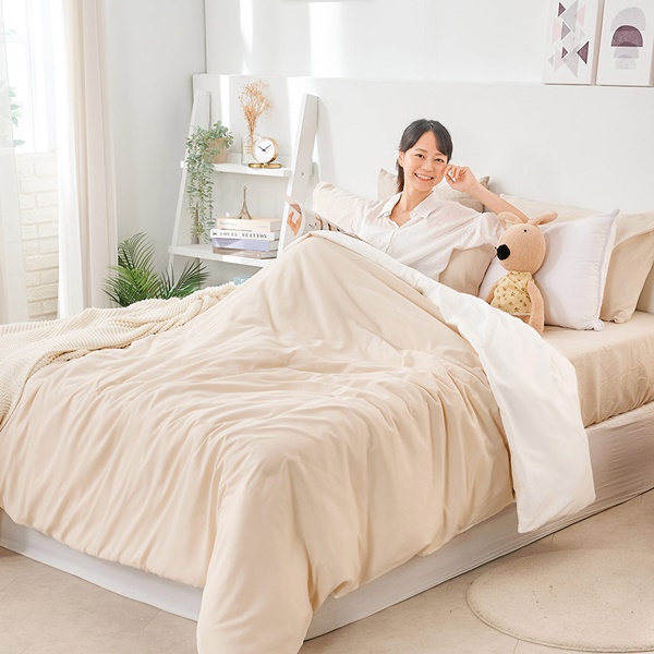 【DUYAN 竹漾】舒柔棉單人二件組＋雙人鋪棉兩用被 / 奶茶色床包＋奶白被套 台灣製