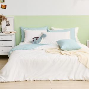 【DUYAN 竹漾】舒柔棉單人床包被套三件組 / 優雅白床包＋白綠被套 台灣製