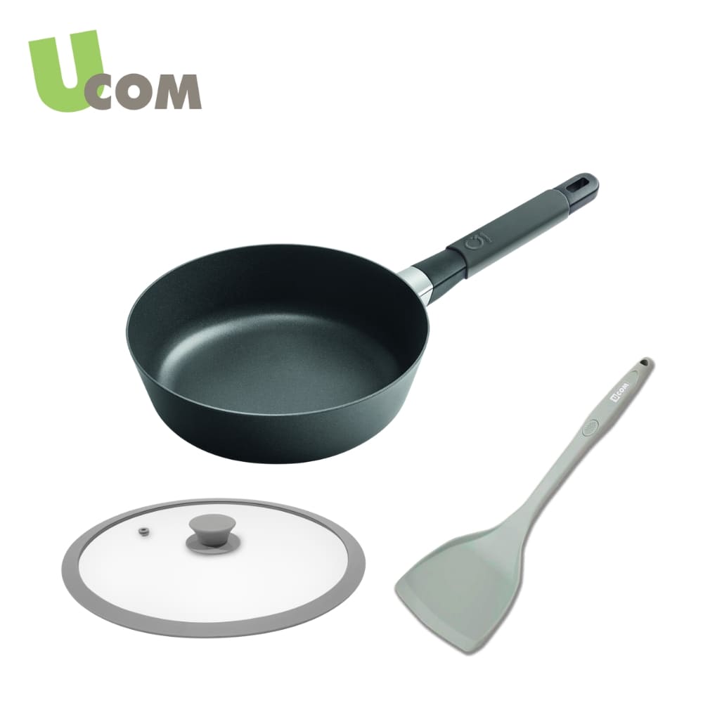 UCOM 丹麥Squality可導磁輕鑄鍋24cm灰+矽膠玻璃蓋24cm+炫彩矽膠煎匙 #GS-37224G+24SG+UC-J349