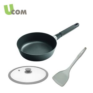 UCOM 丹麥Squality可導磁輕鑄鍋24cm灰+矽膠玻璃蓋24cm+炫彩矽膠煎匙 #GS-37224G+24SG+UC-J349