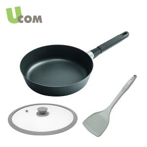 UCOM 丹麥Squality可導磁輕鑄鍋28cm灰+矽膠玻璃蓋28cm+炫彩矽膠煎匙 #GS-37228G+28SG+UC-J349