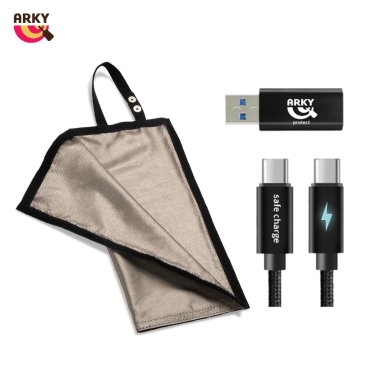 ARKY 防駭三件組 防RFID防盜收納袋+USB-C to A轉接頭+Type-C充電線60W