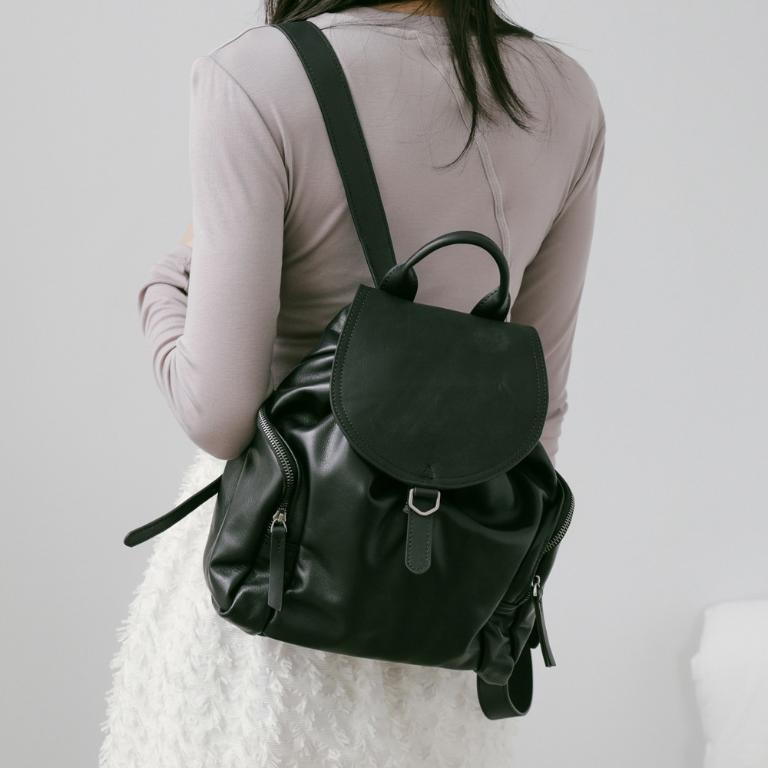 Supportingrole簡約時尚翻蓋真皮磁扣束口後背包 黑