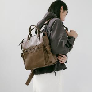 Supportingrole簡約多隔層多口袋真皮後背包 復古咖啡