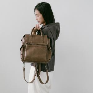 Supportingrole簡約多隔層多口袋真皮後背包 復古咖啡