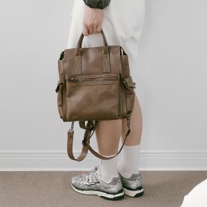 Supportingrole簡約多隔層多口袋真皮後背包 復古咖啡