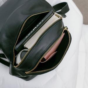 Supportingrole簡約百搭線條多隔層多口袋真皮後背包 黑