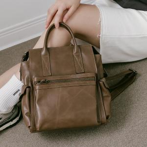 Supportingrole簡約多隔層多口袋真皮後背包 復古咖啡