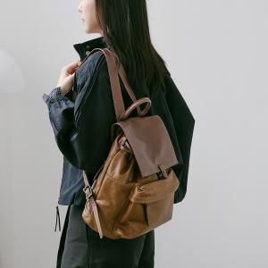 Supportingrole復古翻蓋多隔層多口袋休閒真皮後背包 咖啡