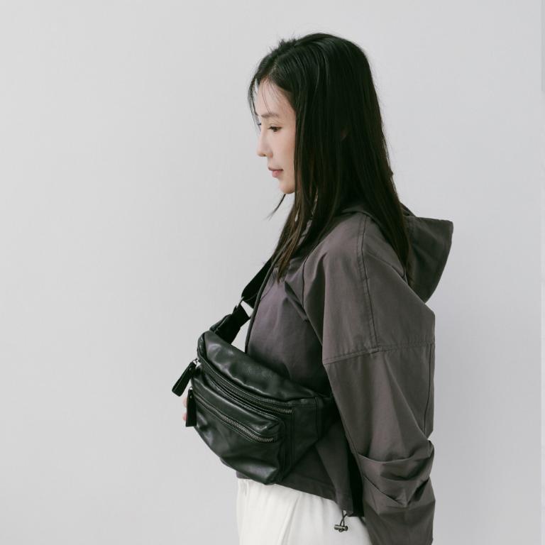 supportingrole皮革口袋斜腰包旅行百搭日常真皮斜背包 黑