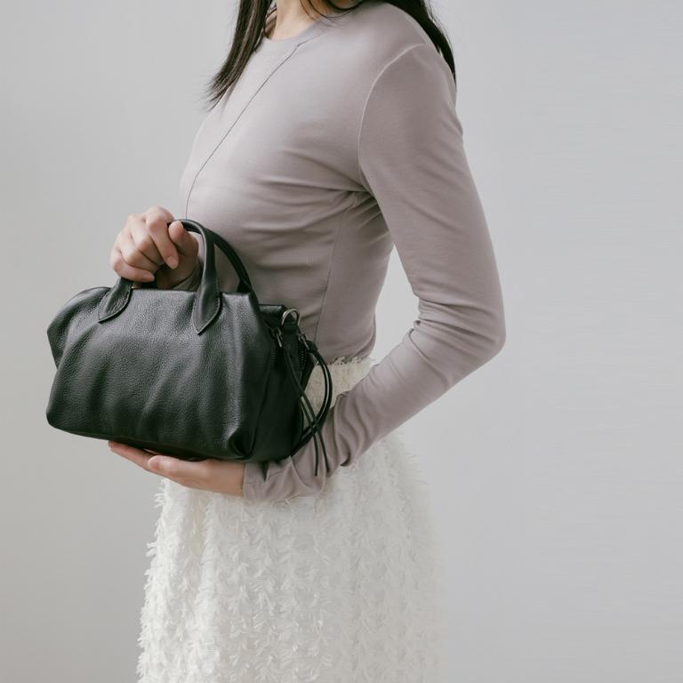 Supportingrole簡約線條百搭輕量真皮手提肩斜背旅行波士頓 黑