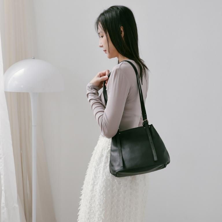 Supportingrole簡約廓形百搭輕量兩用真皮手提肩背腋下托特包 黑