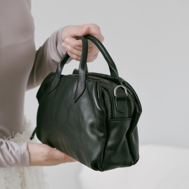 Supportingrole簡約線條百搭輕量真皮手提肩斜背旅行波士頓 黑