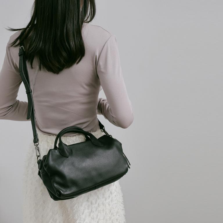 Supportingrole簡約線條百搭輕量真皮手提肩斜背旅行波士頓 黑