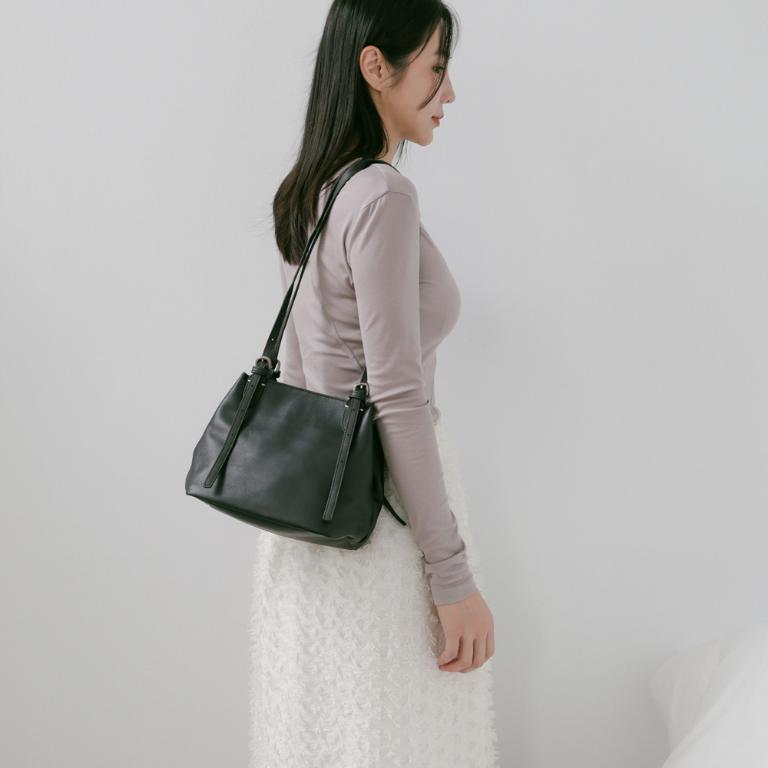 Supportingrole簡約廓形百搭輕量兩用真皮手提肩背腋下托特包 黑