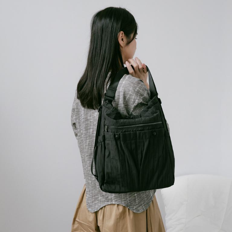 supportingrole 蓬鬆俐落線條斜肩後背手提3用包 黑