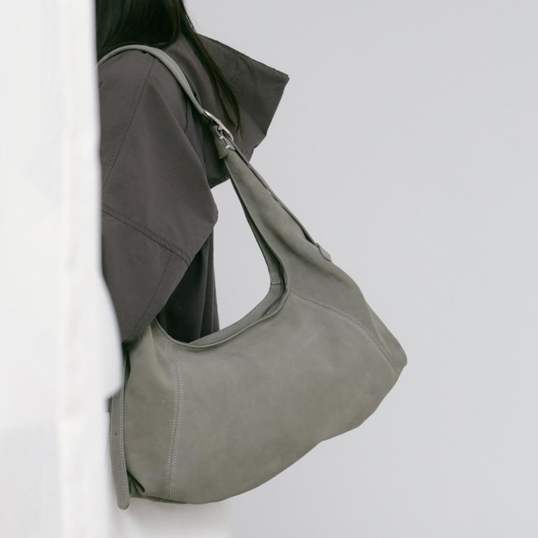 Supportingrole簡約半月形輪廓真皮手提肩斜背托特包 質感灰綠