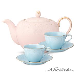 新芽-下午茶杯碟5件組_粉茶壺+藍咖啡對杯(禮盒組)(可微波)