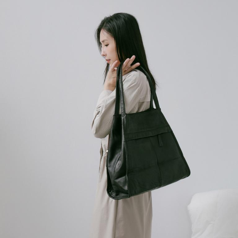 supportingrole 廓形百搭低調輕量真皮肩背手提托特包 黑