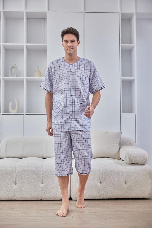  GOLDDEER金鹿 - 玩趣雲朵格薄棉夏季款圓領短袖七分褲睡衣-灰藍【M5101】