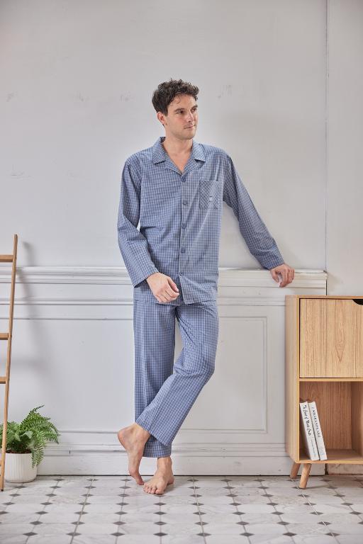 GOLDDEER金鹿 - 雅仕小細格冬季款國民領長袖褲裝睡衣-灰藍【M5305】