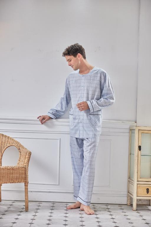 GOLDDEER金鹿 -青年中格夏季款圓領長袖褲裝睡衣-天空藍【M5302】