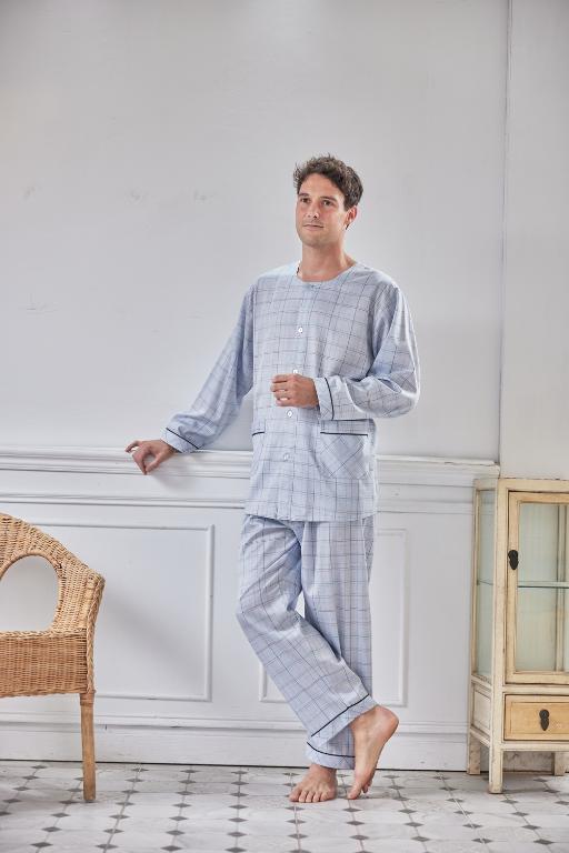 GOLDDEER金鹿 -青年中格夏季款圓領長袖褲裝睡衣-天空藍【M5302】