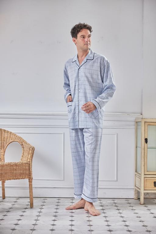 GOLDDEER金鹿 -青年中格夏季款國民領長袖褲裝睡衣-天空藍【M5303】