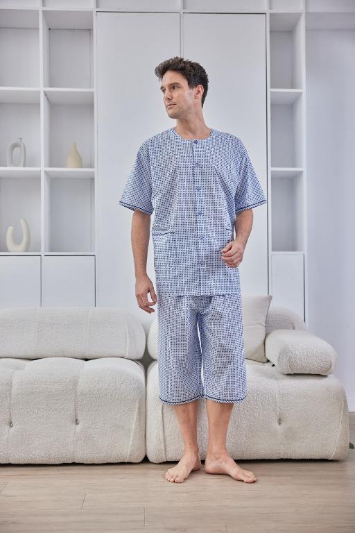  GOLDDEER金鹿 - 紳士小圖騰薄棉夏季款圓領短袖七分褲睡衣-水藍【M5105】