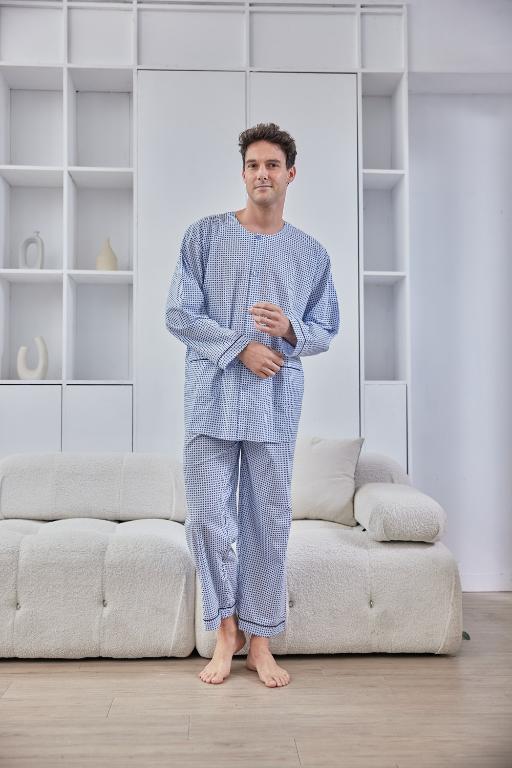 GOLDDEER金鹿 - 紳士小圖騰薄棉夏季款圓領長袖褲裝睡衣-水藍【M5106】