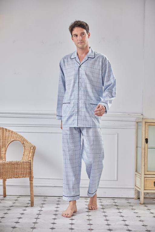 GOLDDEER金鹿 -青年中格夏季款國民領長袖褲裝睡衣-天空藍【M5303】