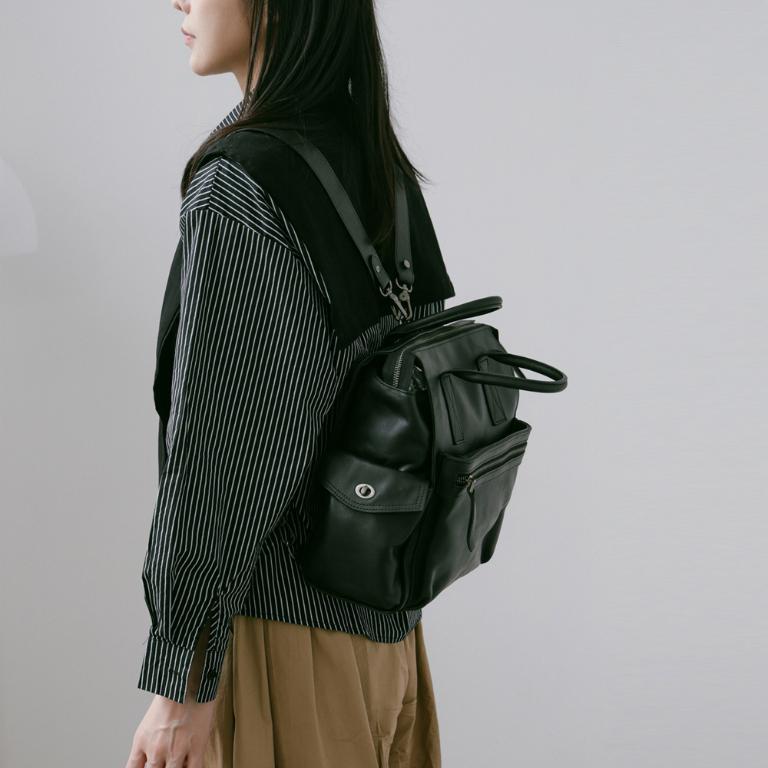 Supportingrole 簡約多隔層多口袋真皮後背包 復古黑